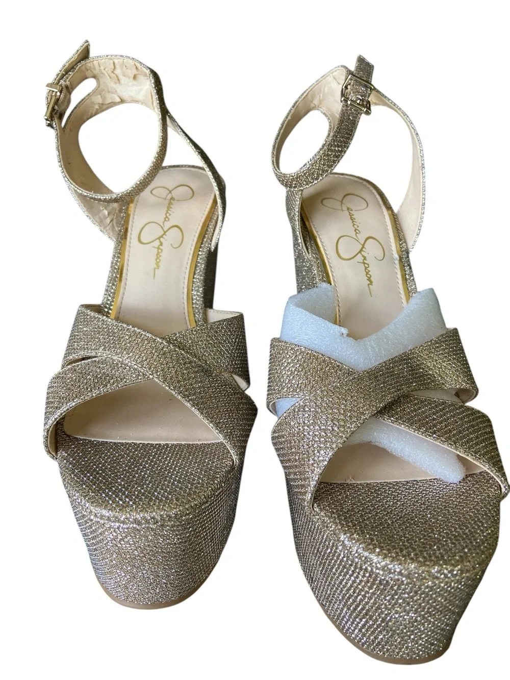 Jessica Simpson Prena Gold Platform Wedge Sandals Size 7 NWOT Glam Cocktail Fun